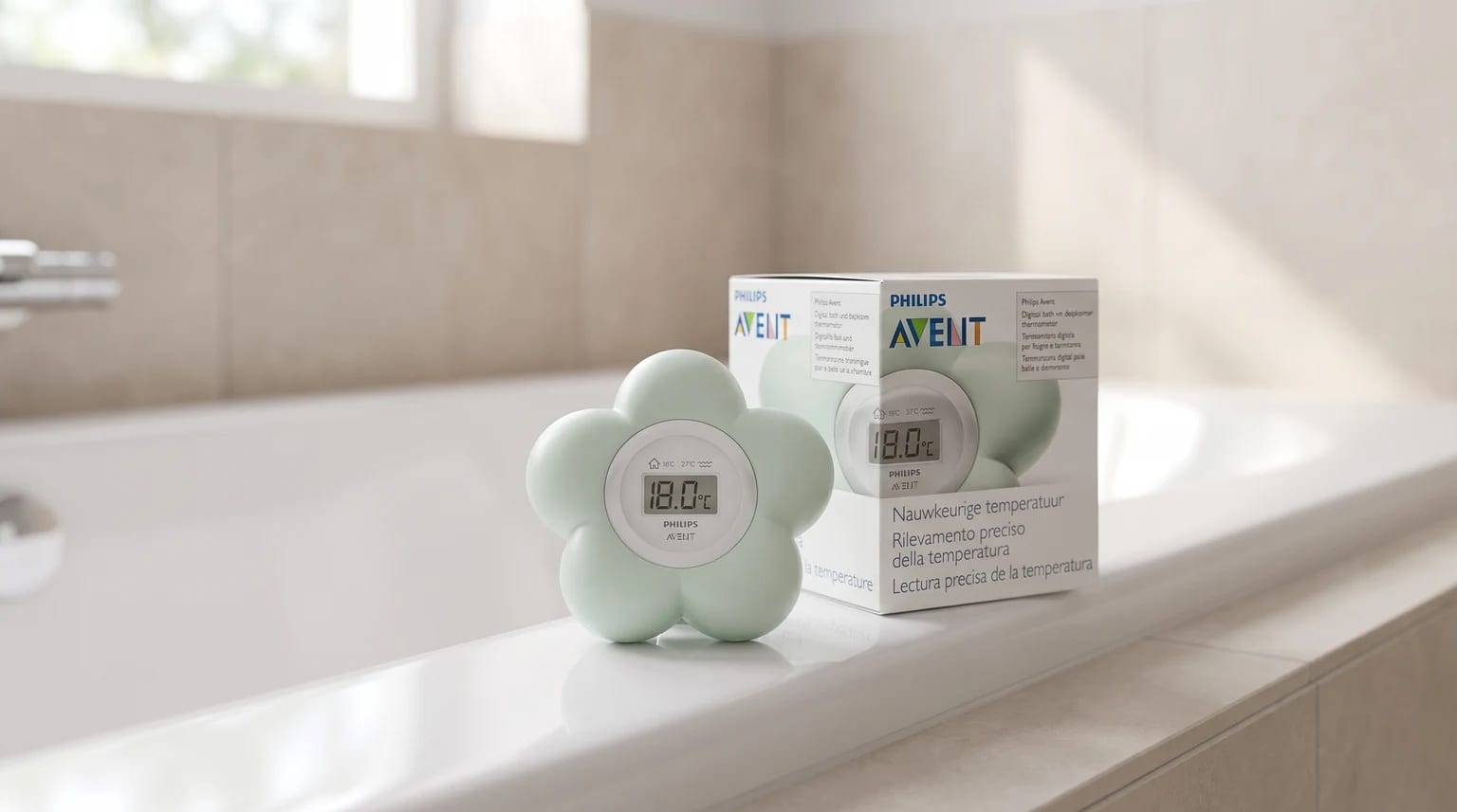 A flower-shaped, pale green digital bath thermometer resting on the side of a bathtub, with its product box next to it.