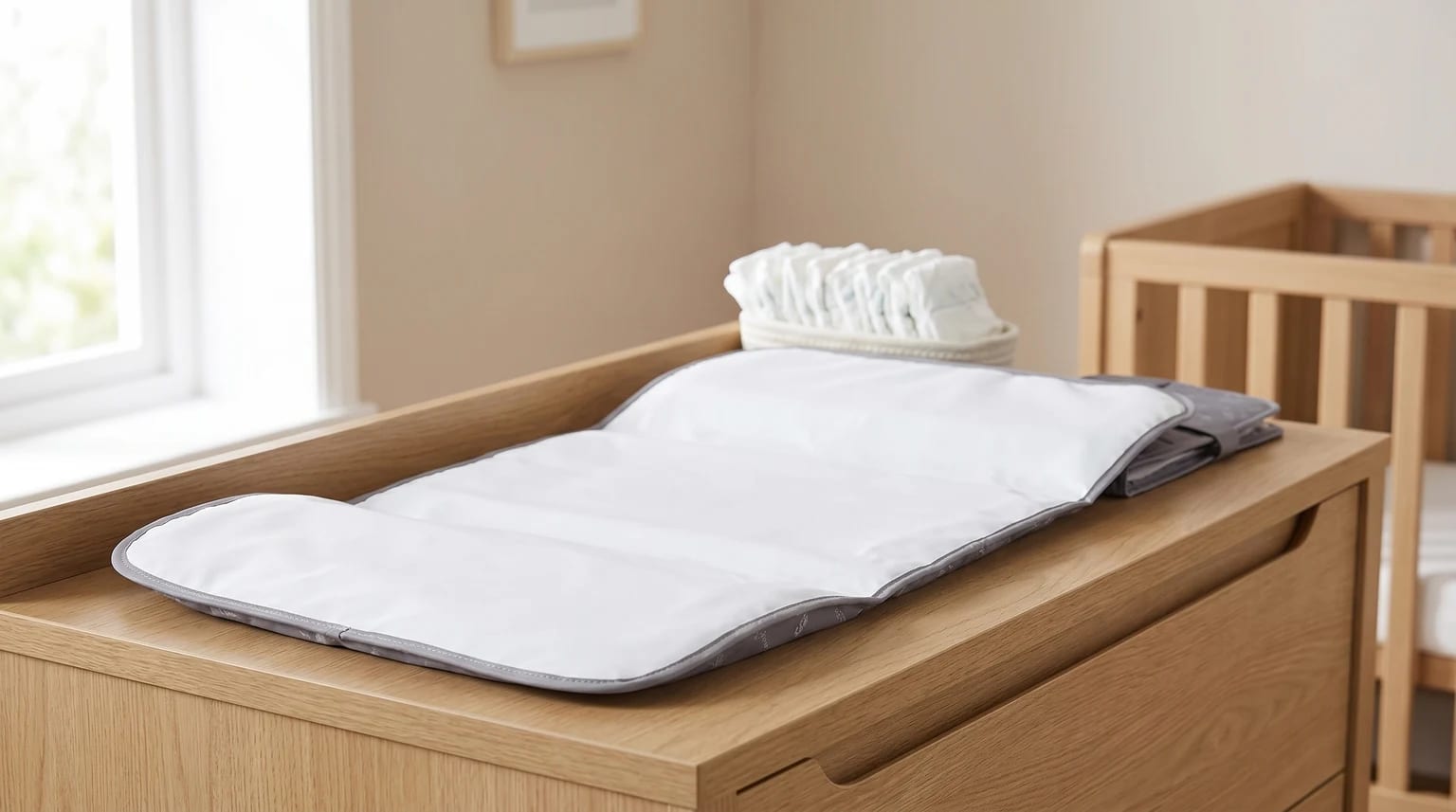 A grey and white portable changing mat unfolded on a wooden chest of drawers in a nursery, with a cot and basket of nappies in the background.