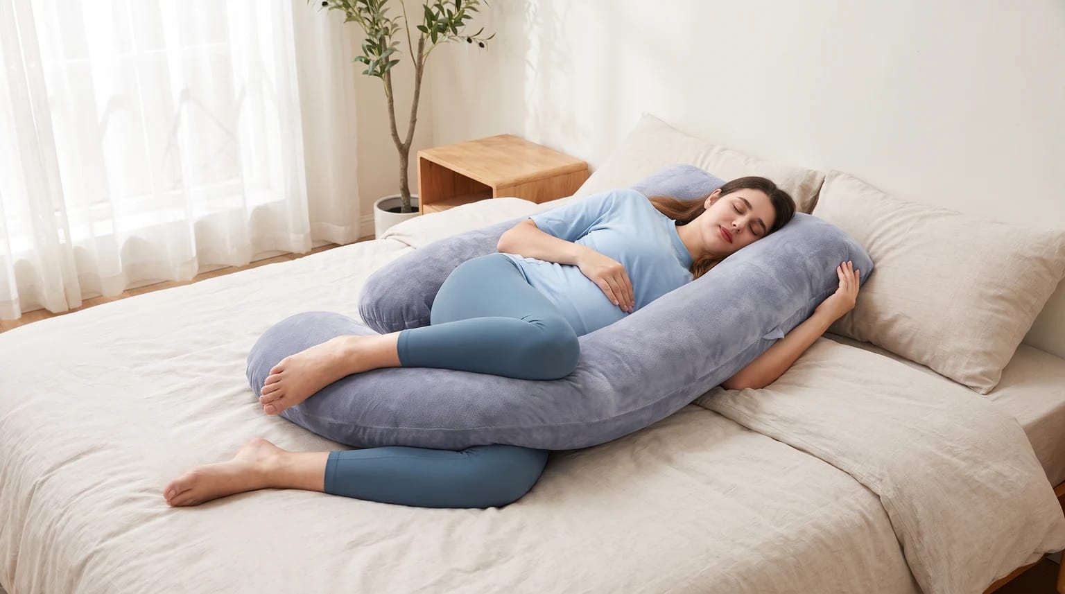 A pregnant woman sleeps peacefully on her side in bed, her body comfortably supported by a large, U-shaped grey pregnancy pillow.