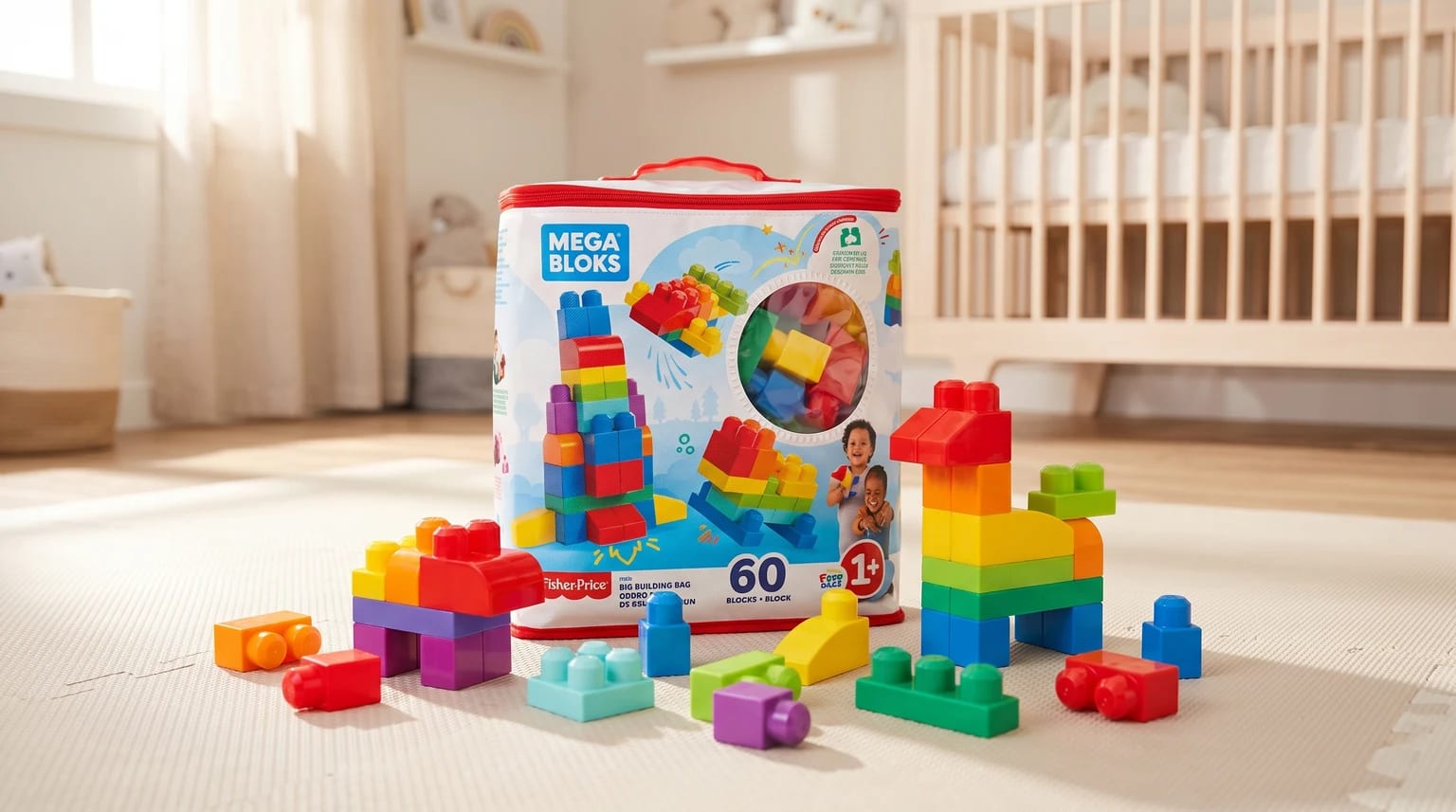 A Mega Bloks building set with brightly coloured blocks built into a giraffe and other shapes, scattered on a nursery floor next to their storage bag.