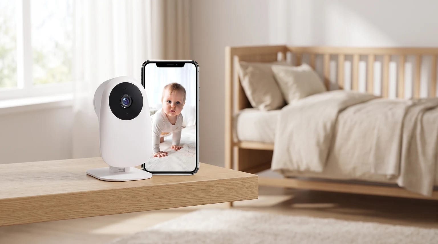 A white baby monitor camera on a wooden table, with a smartphone showing a clear live feed of a baby crawling in a nearby bed.