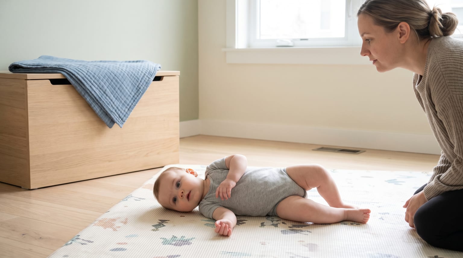 An alert baby begins to roll onto one side with both arms free while a carer stays close and the swaddle is kept out of reach