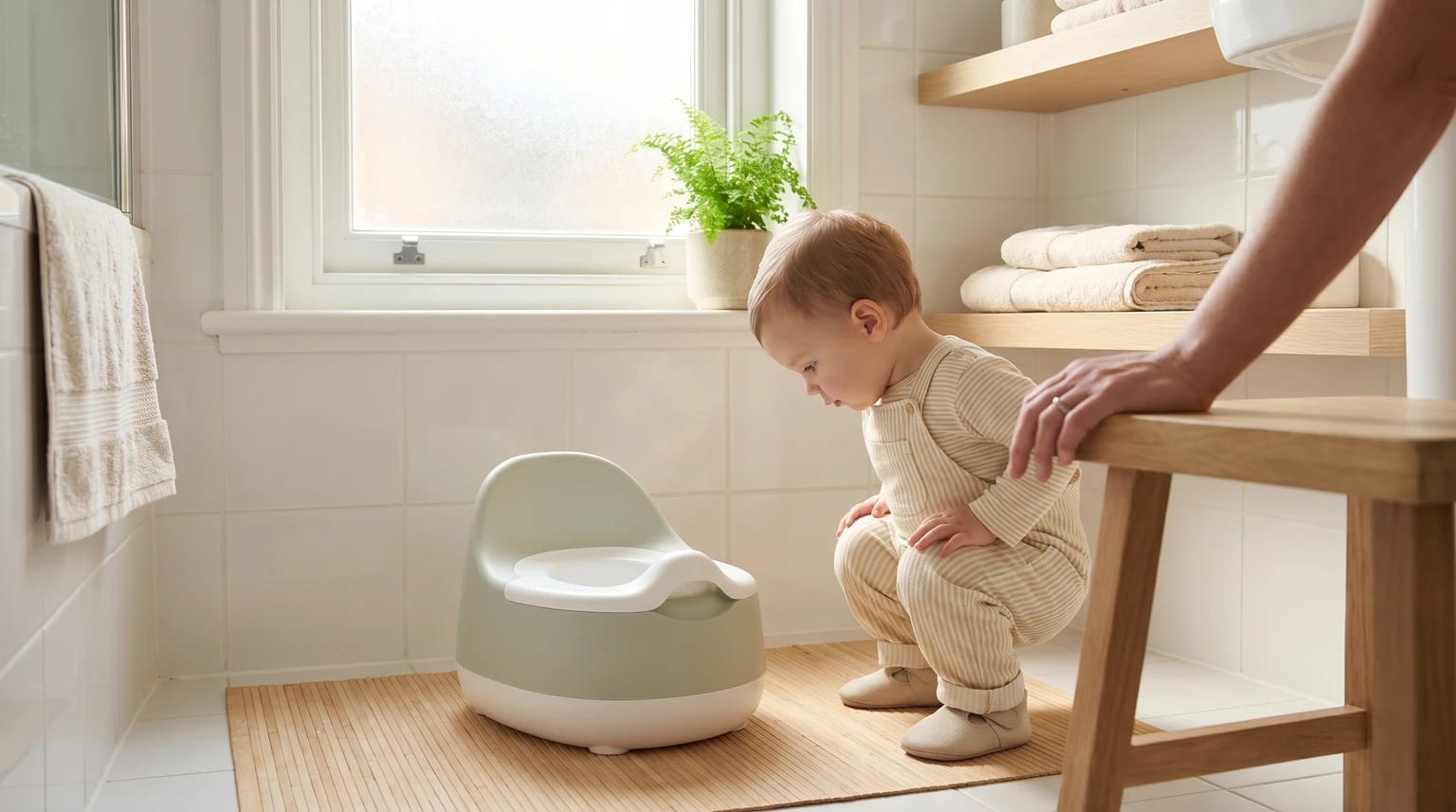 A toddler in a striped babygrow crouches beside a clean potty in a bright bathroom. A grown-up's hand rests on a wooden stool nearby.