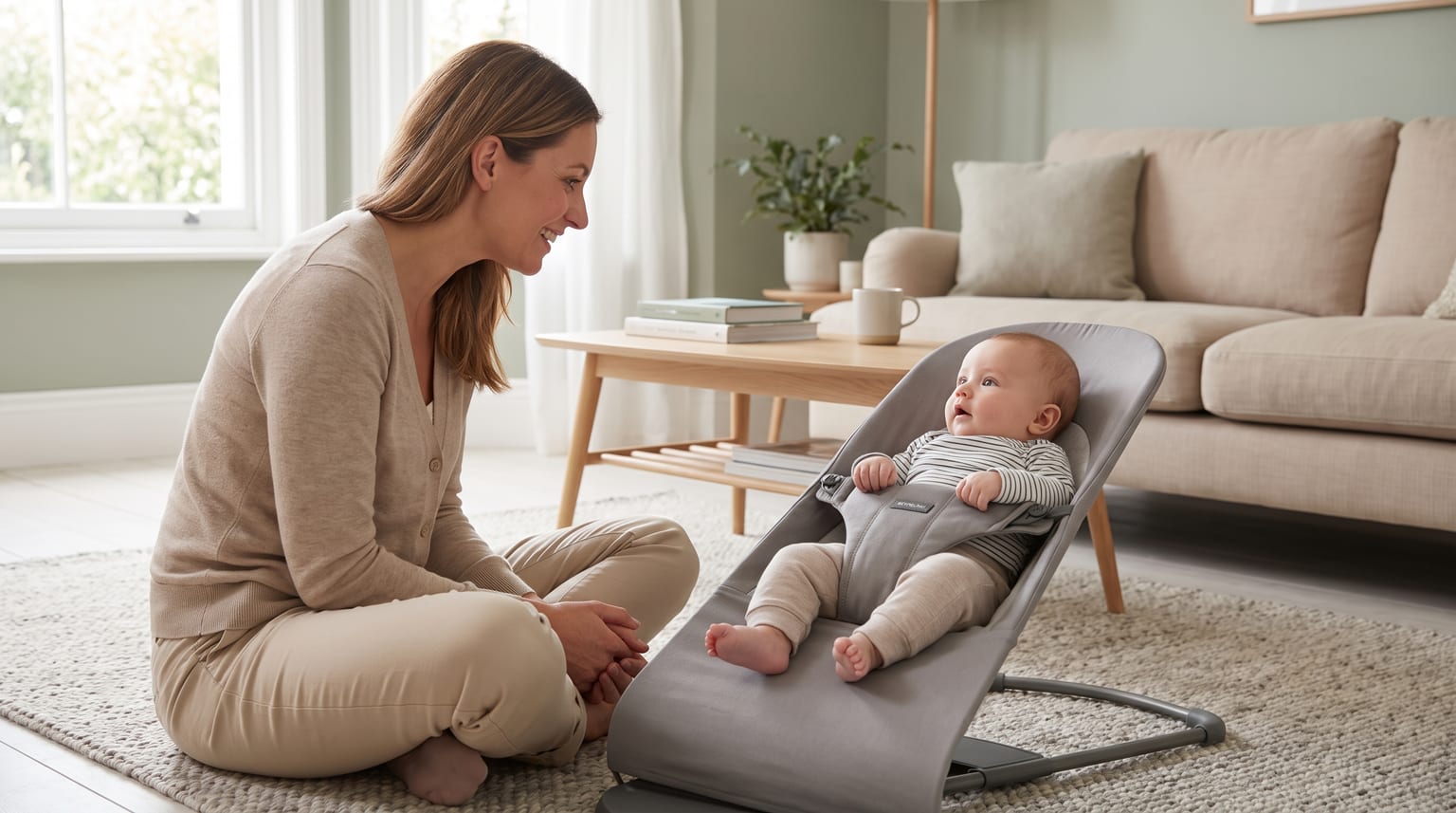 An awake baby in a bouncer looks towards a caregiver seated close by.