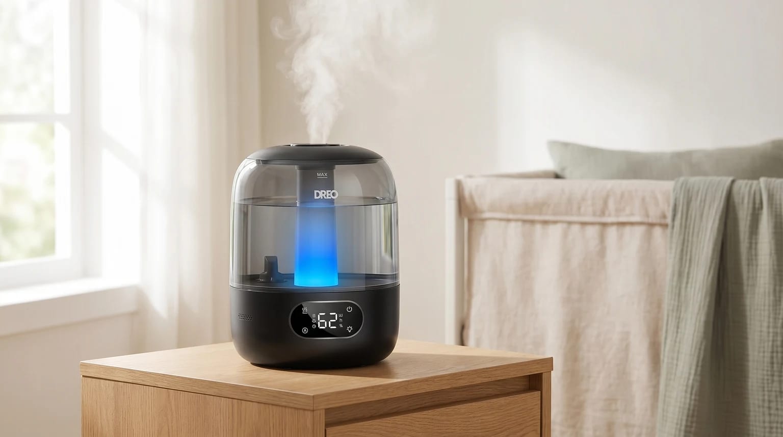 A black Dreo cool mist humidifier glows blue on a wooden bedside table in a bright nursery.