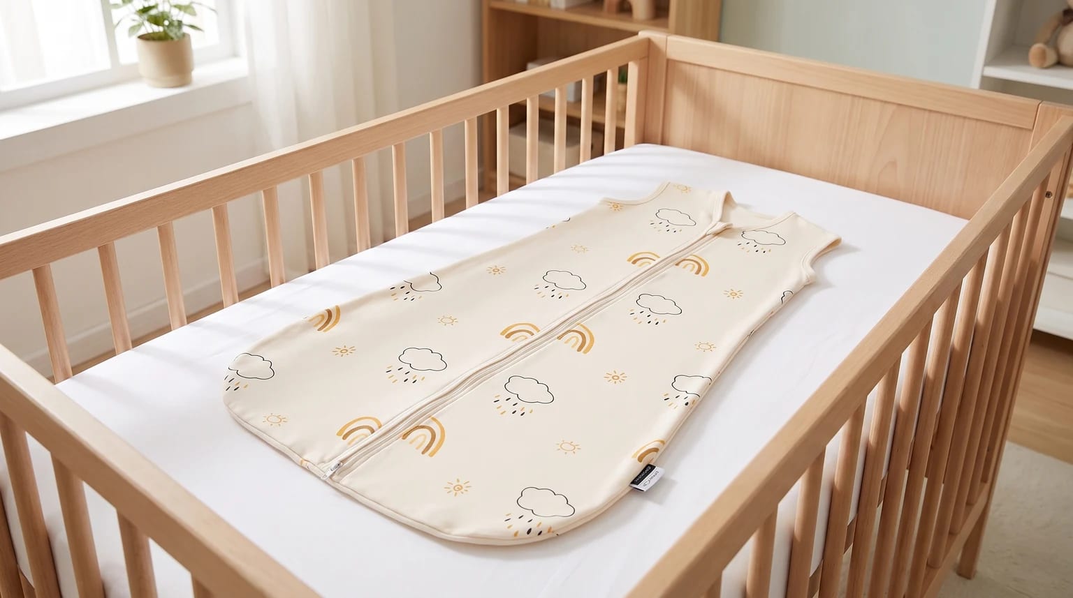 A cream-coloured baby sleeping bag with a weather pattern of rainbows and clouds, laid flat inside a light wood cot.