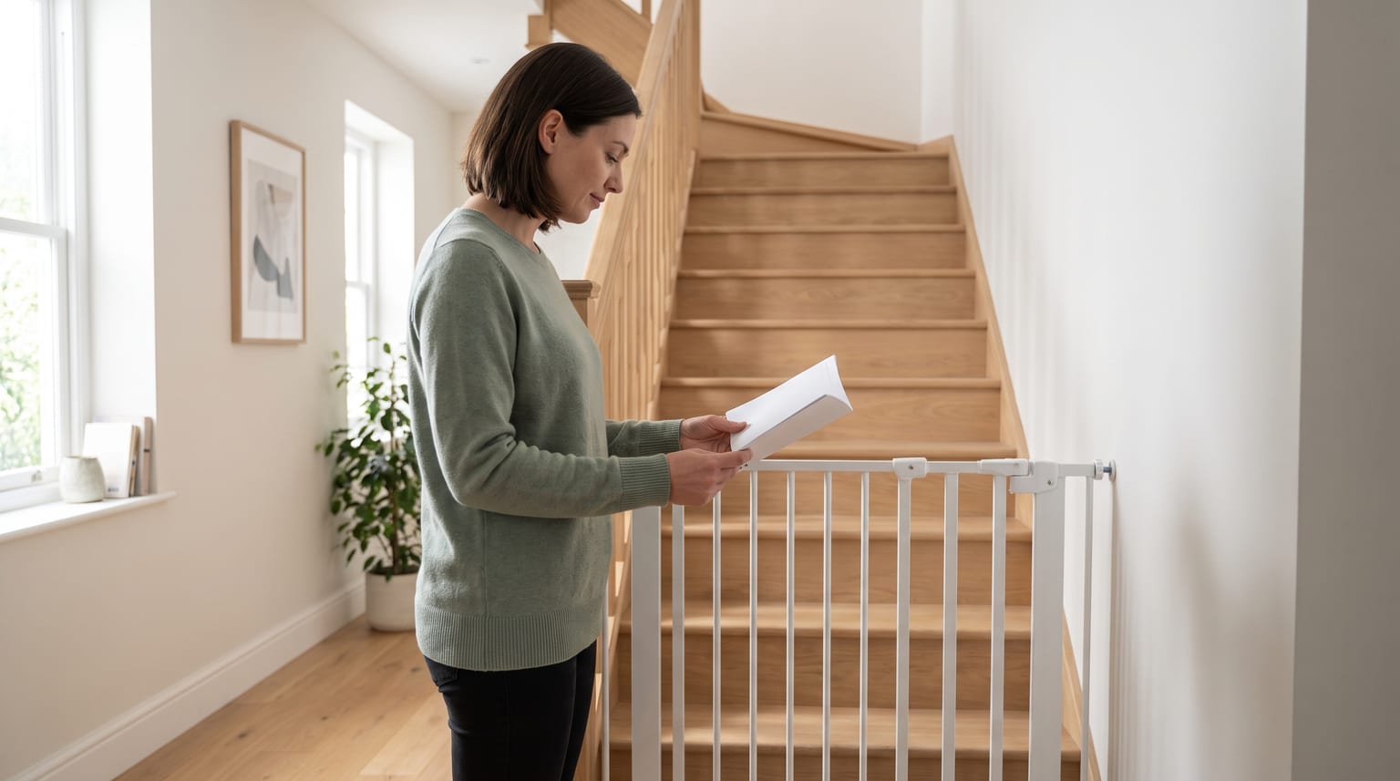 Parent reading the instructions beside a closed stair gate at the foot of a wooden staircase.