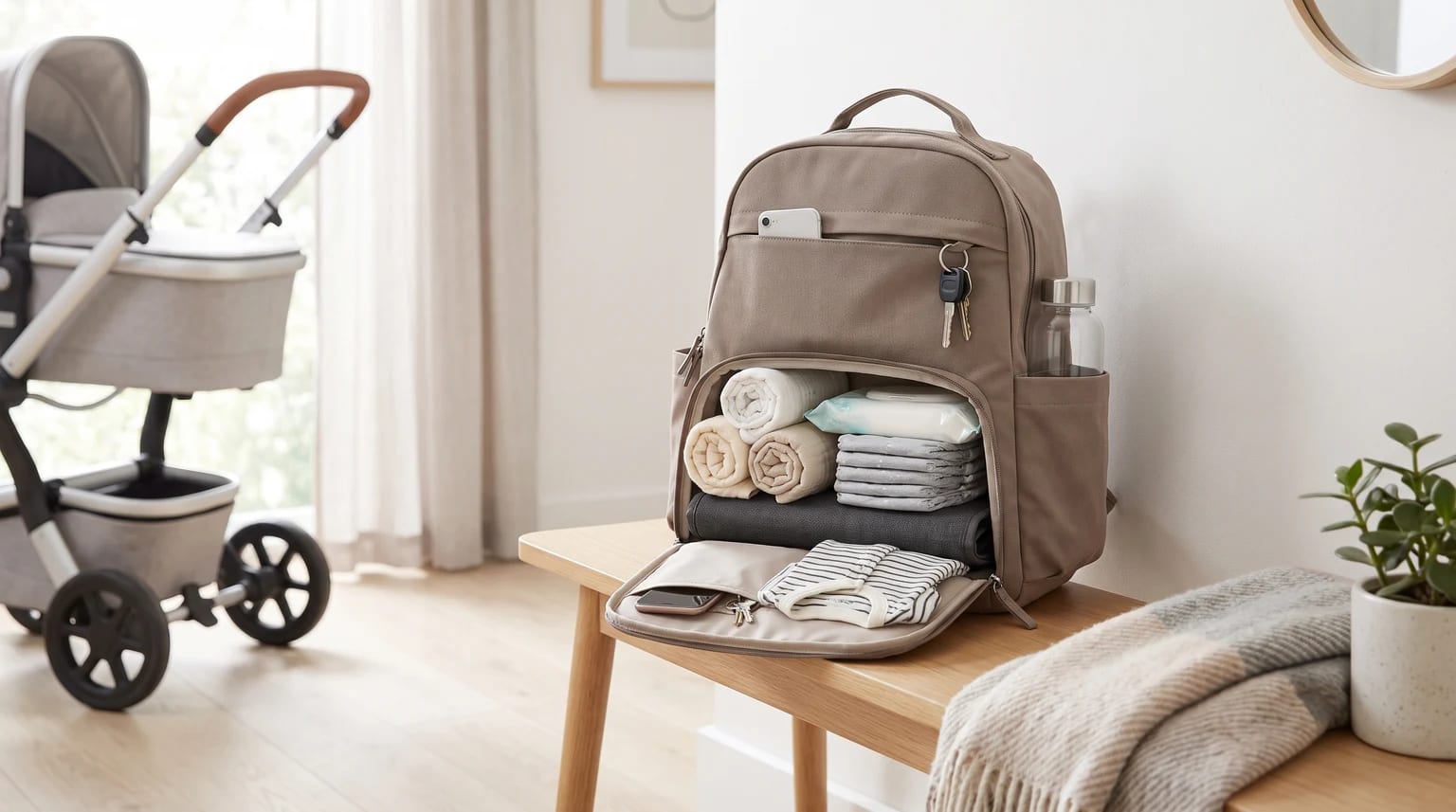 An open, taupe-coloured changing backpack sits on a wooden bench, neatly packed with nappies, wipes, and baby clothes. A grey pram is in the background.