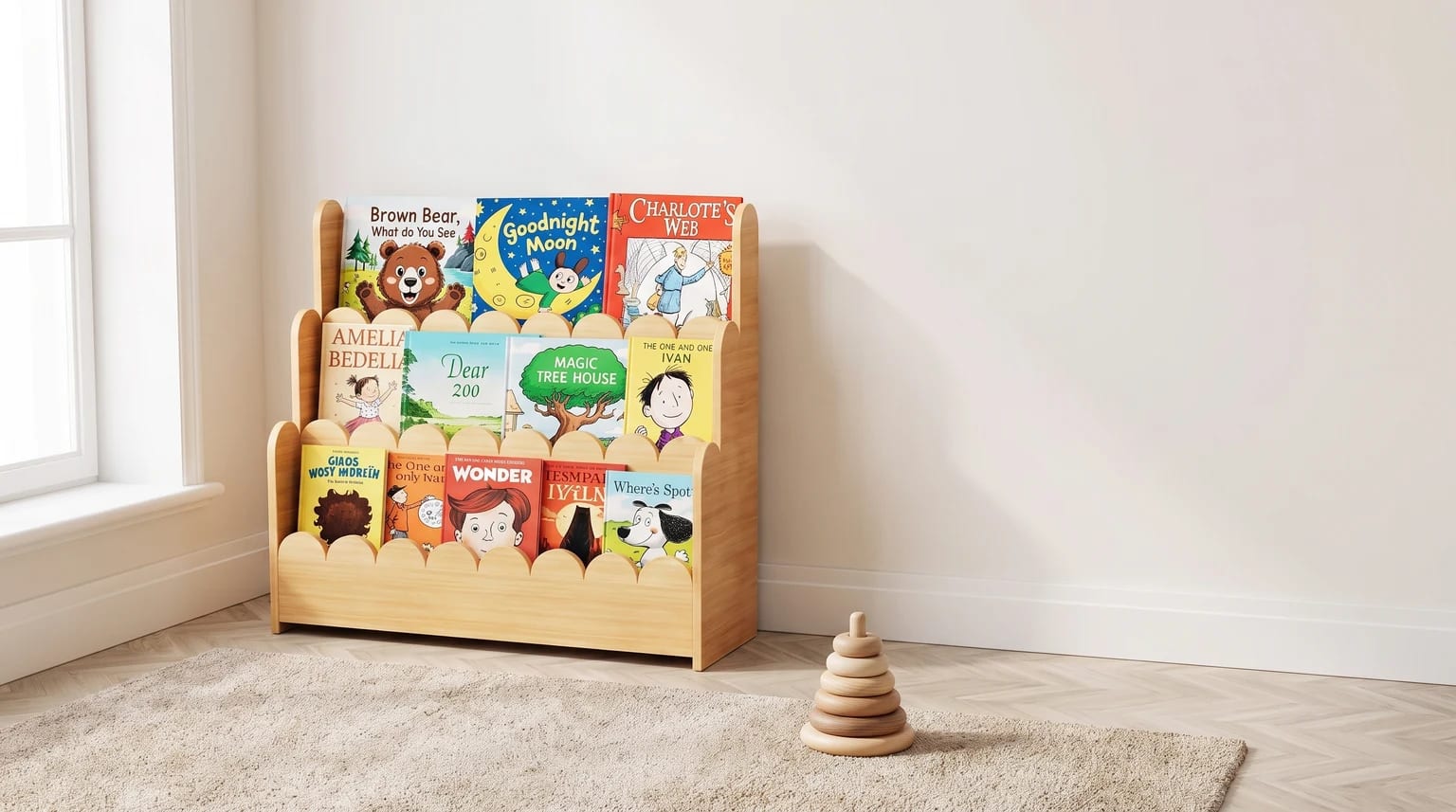 A wooden children's bookshelf with three scalloped tiers, filled with books. It stands in a bright room corner, with a wooden stacking toy on a rug in front.