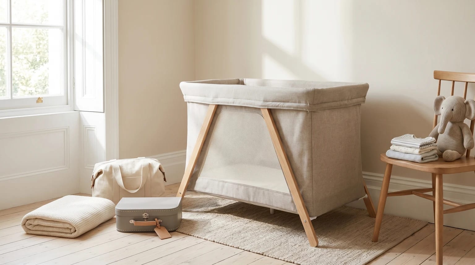 A modern travel cot with wooden legs in a brightly lit room, with baby clothes and a toy elephant on a nearby chair and travel bags on the floor.