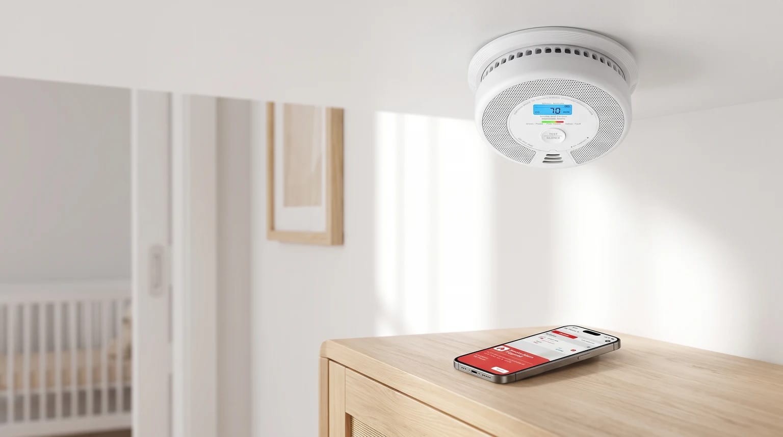 A smart smoke alarm on a ceiling, with a phone on a cabinet below showing an alert. A baby's cot can be seen through a doorway in the background.