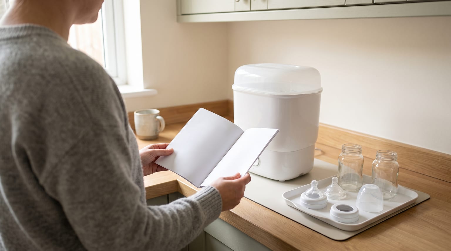 A carer checks a blank instruction booklet beside an unbranded bottle steriliser and clean bottle parts.