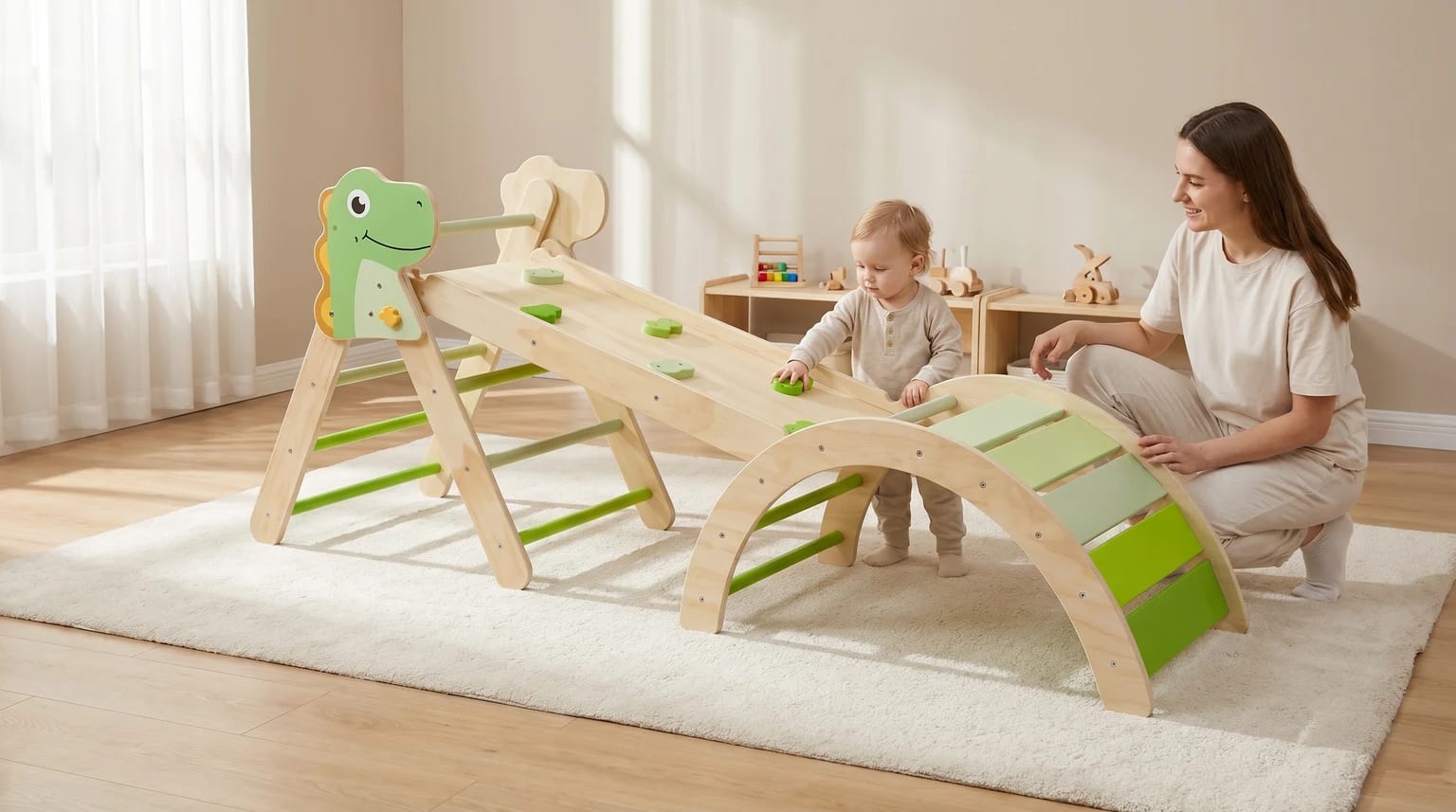 A mother smiles at her young child who is playing with a wooden, dinosaur-themed climbing set in a brightly lit room.