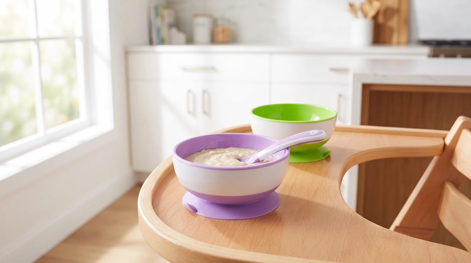 A purple suction bowl with baby food and a spoon sits on a wooden highchair tray, with a green bowl behind it in a bright kitchen.