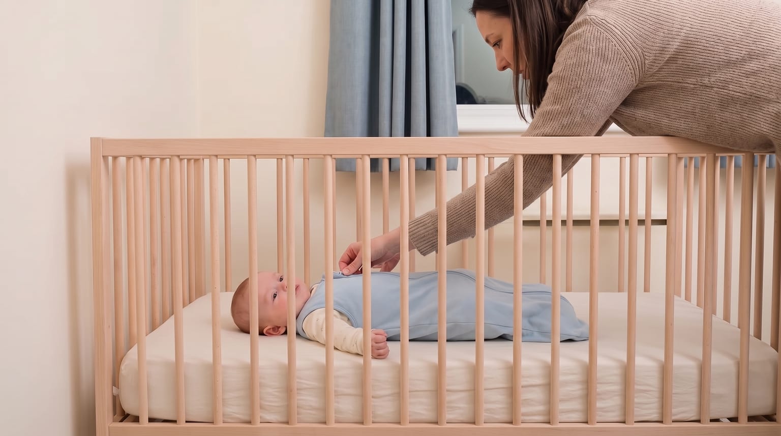 A baby lying on their back in an uncluttered light-wood cot, wearing a sleep bag, with a carer beside them.