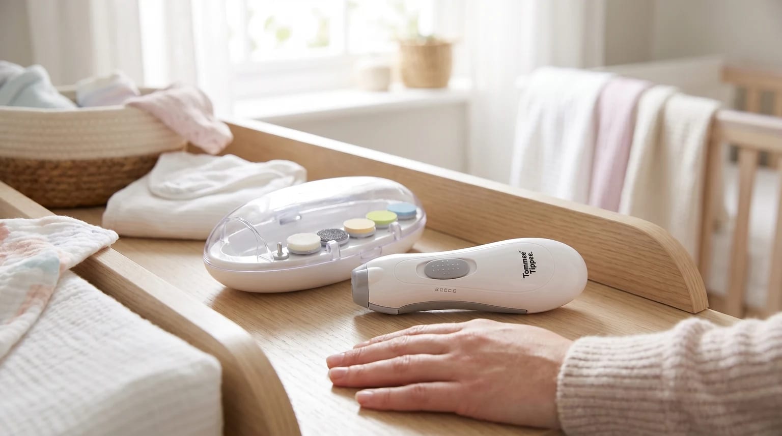 A white electric baby nail file and its case of colourful filing heads are placed on a wooden changing table in a sunlit nursery.