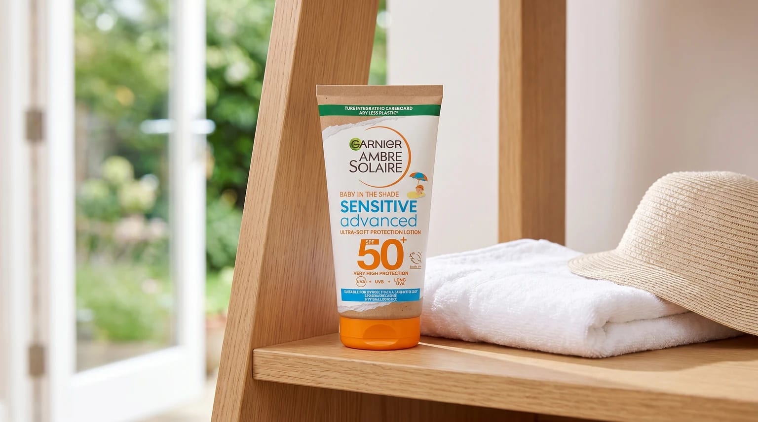 A tube of Garnier Ambre Solaire baby sun cream sits on a wooden shelf next to a folded white towel and a straw sun hat.