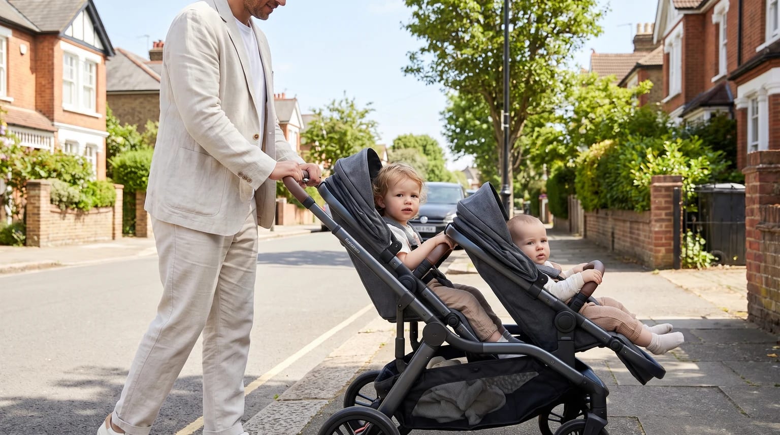 A man pushes a tandem double pushchair with a toddler and a baby along a sunny, tree-lined pavement in a residential neighbourhood.