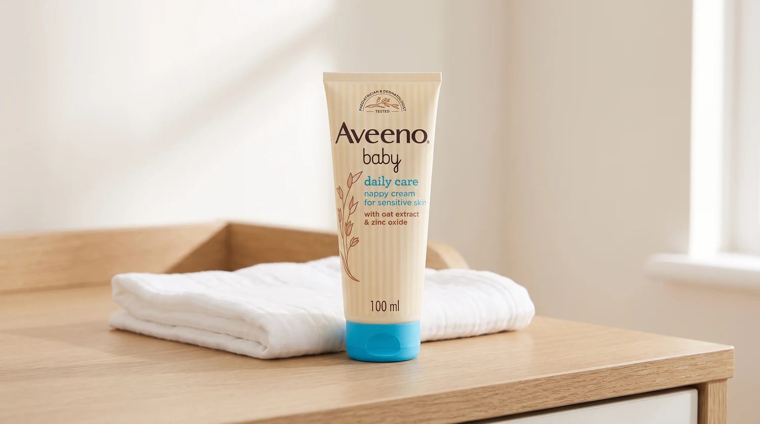 A tube of Aveeno baby nappy cream standing on a wooden changing table next to a folded white muslin cloth.