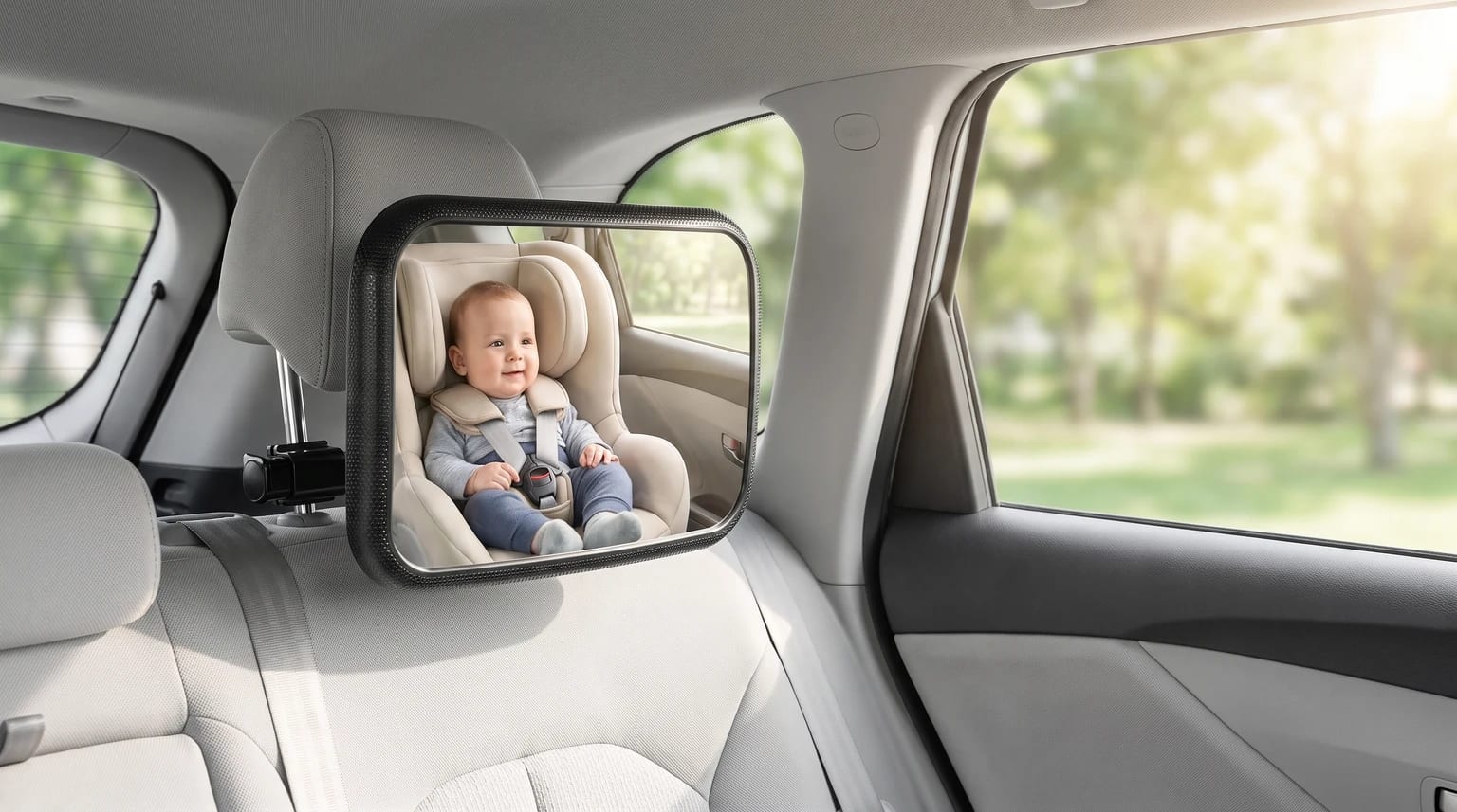 A Lamicall hook-clip baby car mirror attached to a rear headrest reflects a baby sitting in a rear-facing car seat.