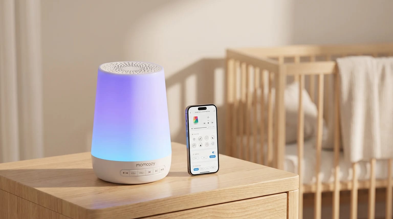 A baby sound machine with a purple and blue night light on a wooden bedside table in a nursery. Next to it, a smartphone shows the device's control app.