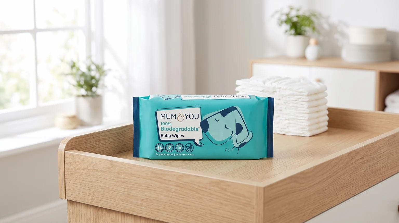 A packet of Mum & You biodegradable baby wipes sits on a wooden changing table, with a stack of clean nappies in the background.
