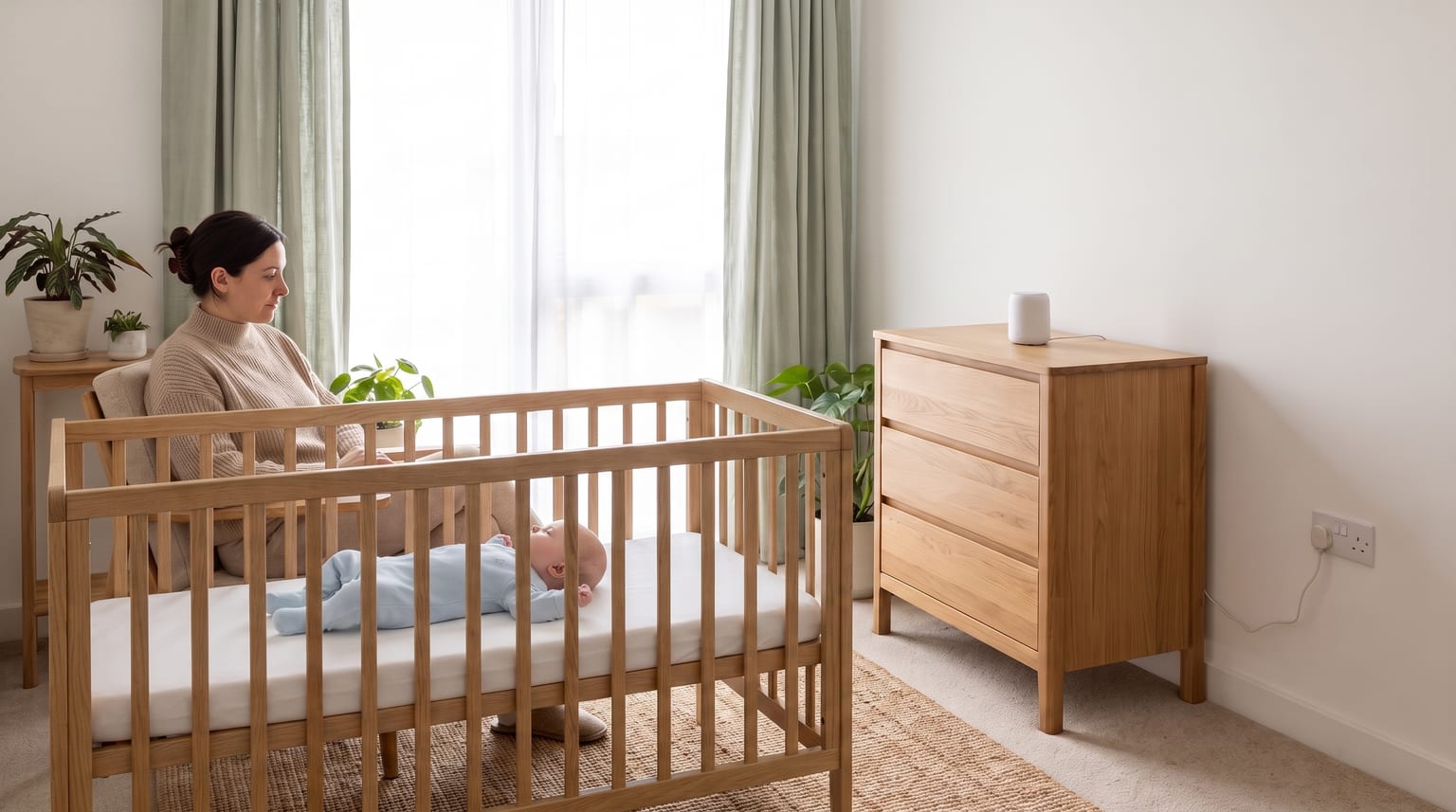 A parent watches a baby lying on their back in a complete wooden cot, with a white-noise machine on a separate chest of drawers.