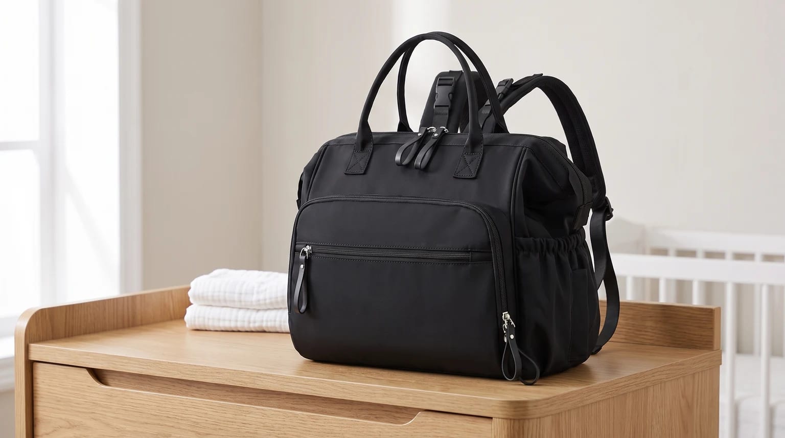 A black nappy bag with tote handles and rucksack straps rests on a wooden changing table next to a stack of clean white towels.