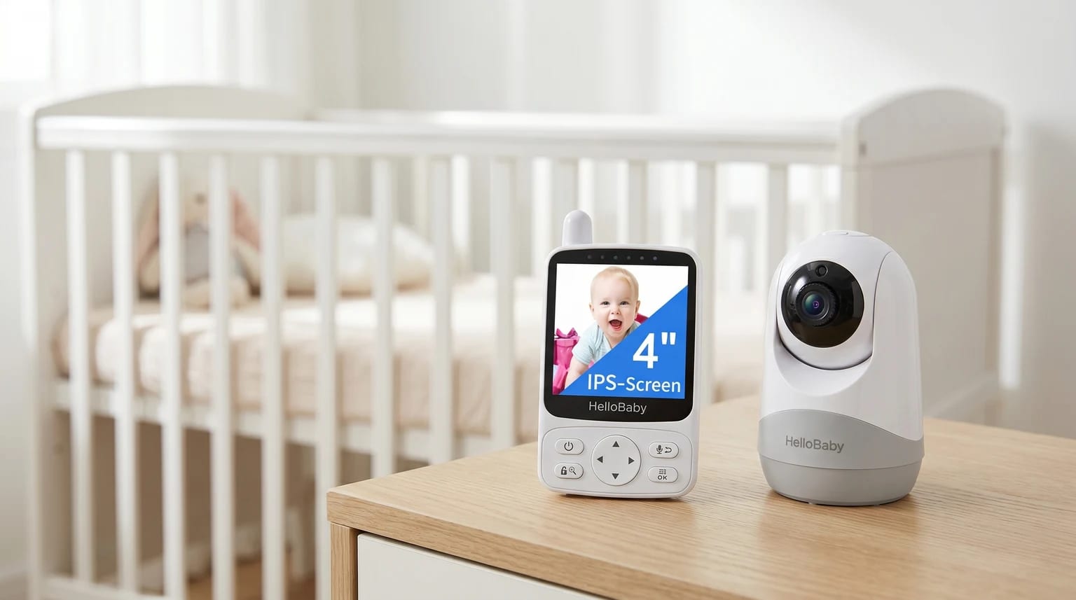 The HelloBaby baby monitor on a wooden table beside a softly blurred cot, with the parent screen above the control buttons.
