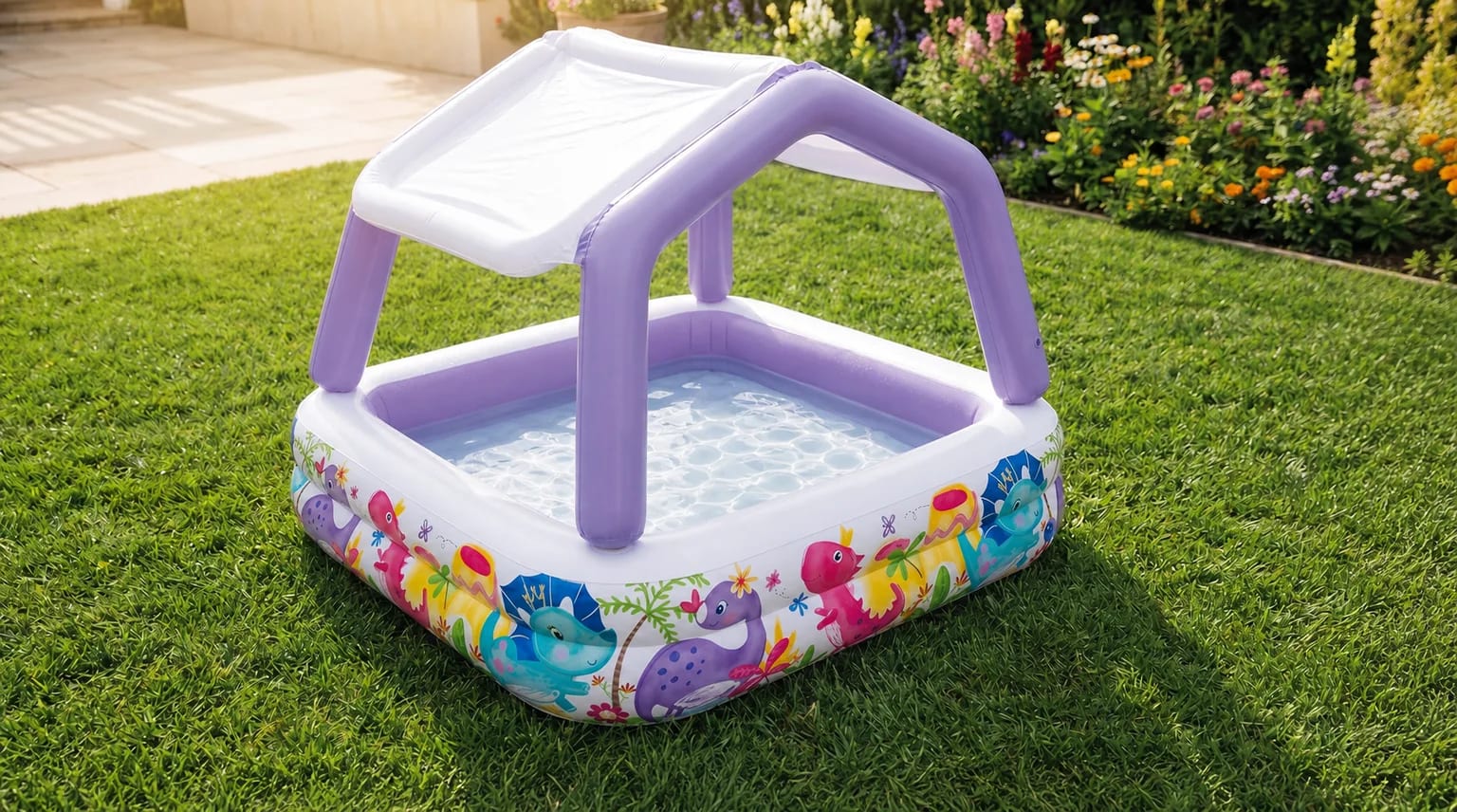 A square purple and white paddling pool with a sun shade and dinosaur-print sides, filled with clear water on a sunny garden lawn.