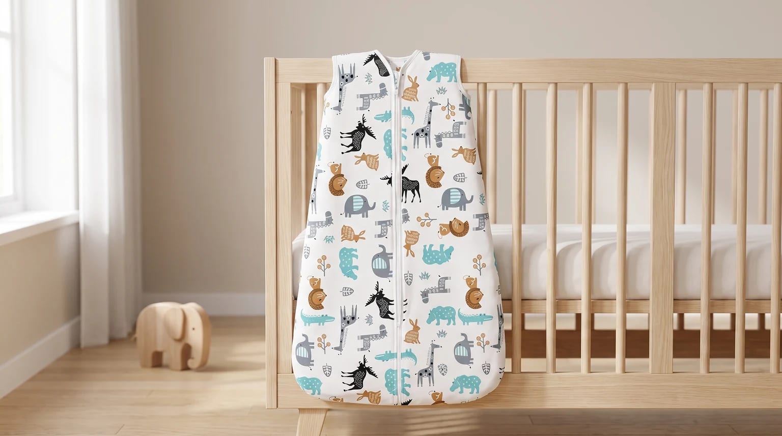 A white baby sleeping bag with a colourful cartoon animal print hangs on the side of a wooden cot in a brightly lit nursery.