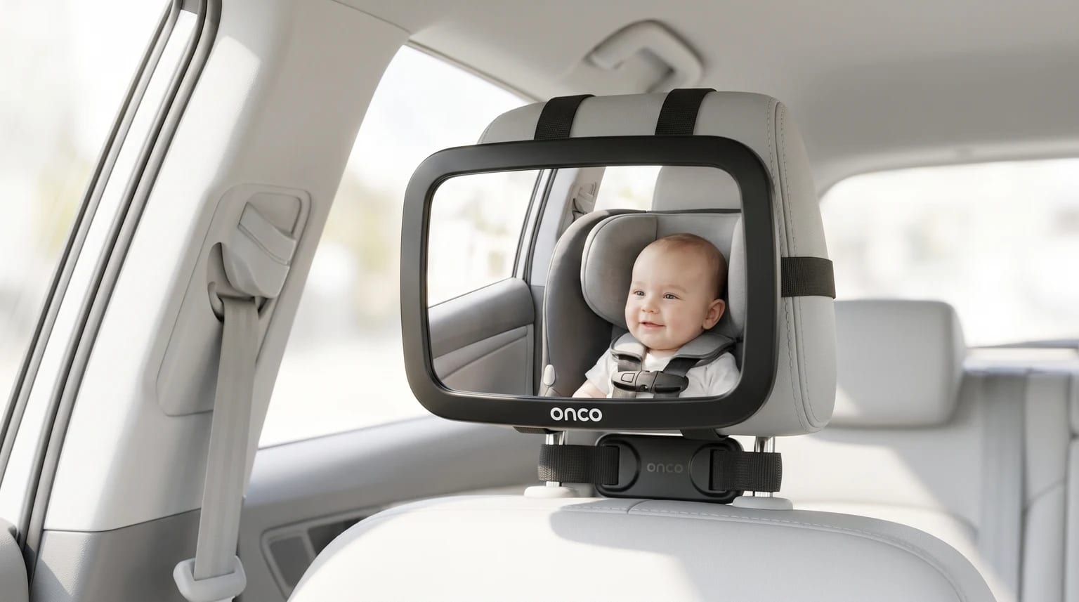 An Onco baby car mirror strapped to a rear headrest reflects a smiling baby in a rear-facing car seat.