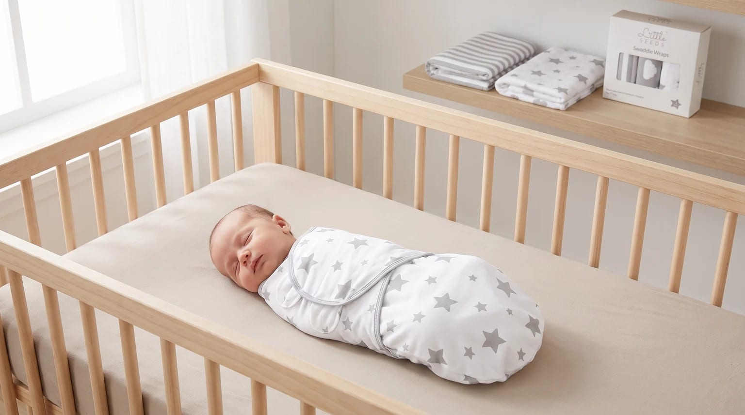 A newborn baby lying on their back in a clear wooden cot, wrapped in a white Little Seeds swaddle with a grey star pattern.