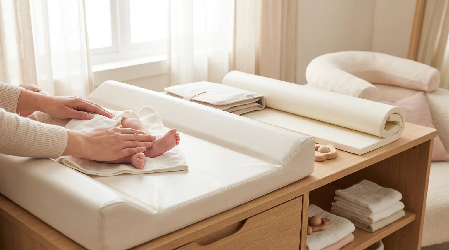 A person holds a baby's bare feet as they lie on a white padded changing mat on a wooden changing unit.