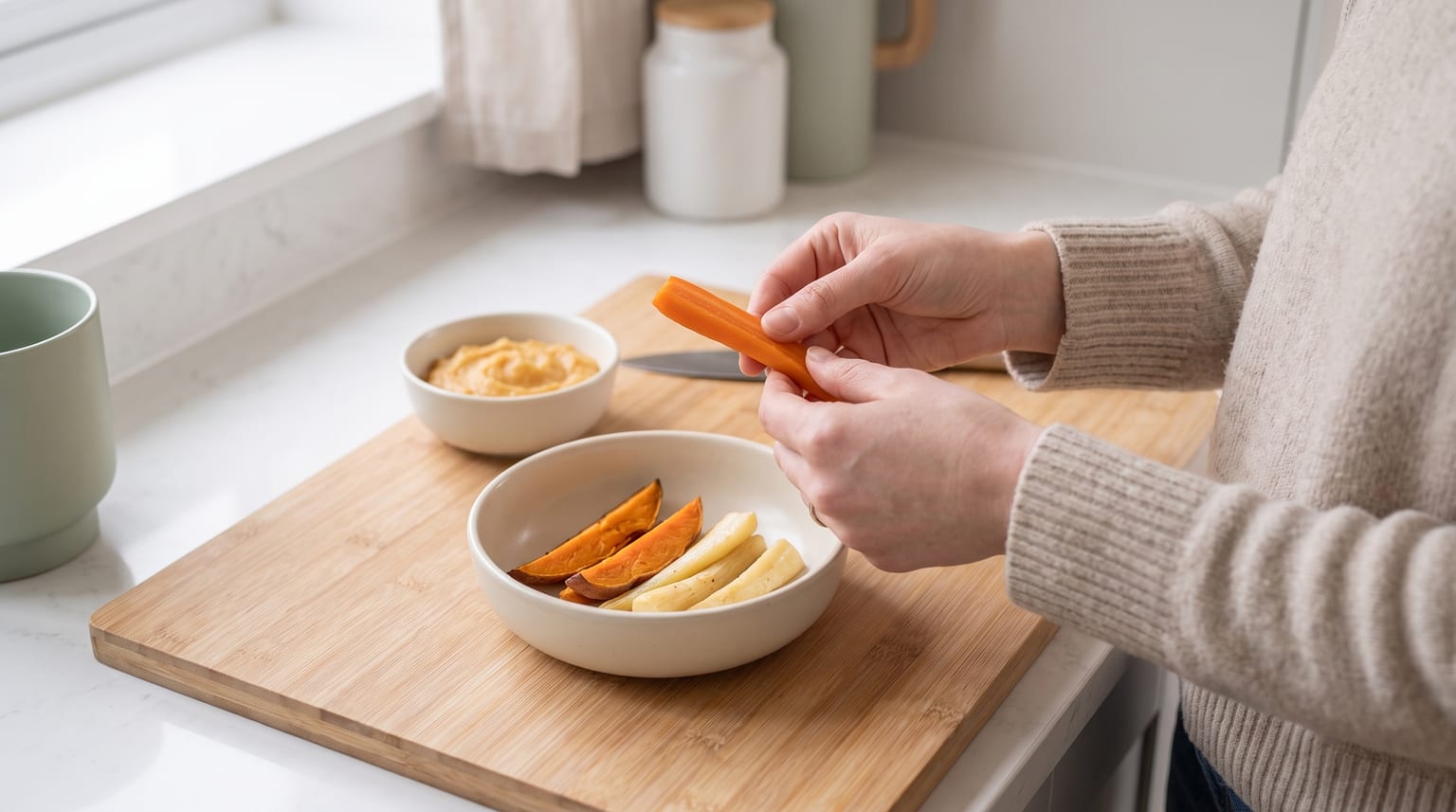 Parent checking the softness of cooked vegetable strips on a clean kitchen worktop.