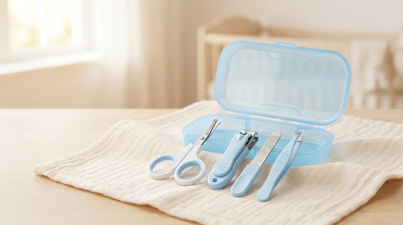 A blue baby nail care kit with scissors, clippers, a file, and tweezers arranged in front of its open case on a muslin cloth.