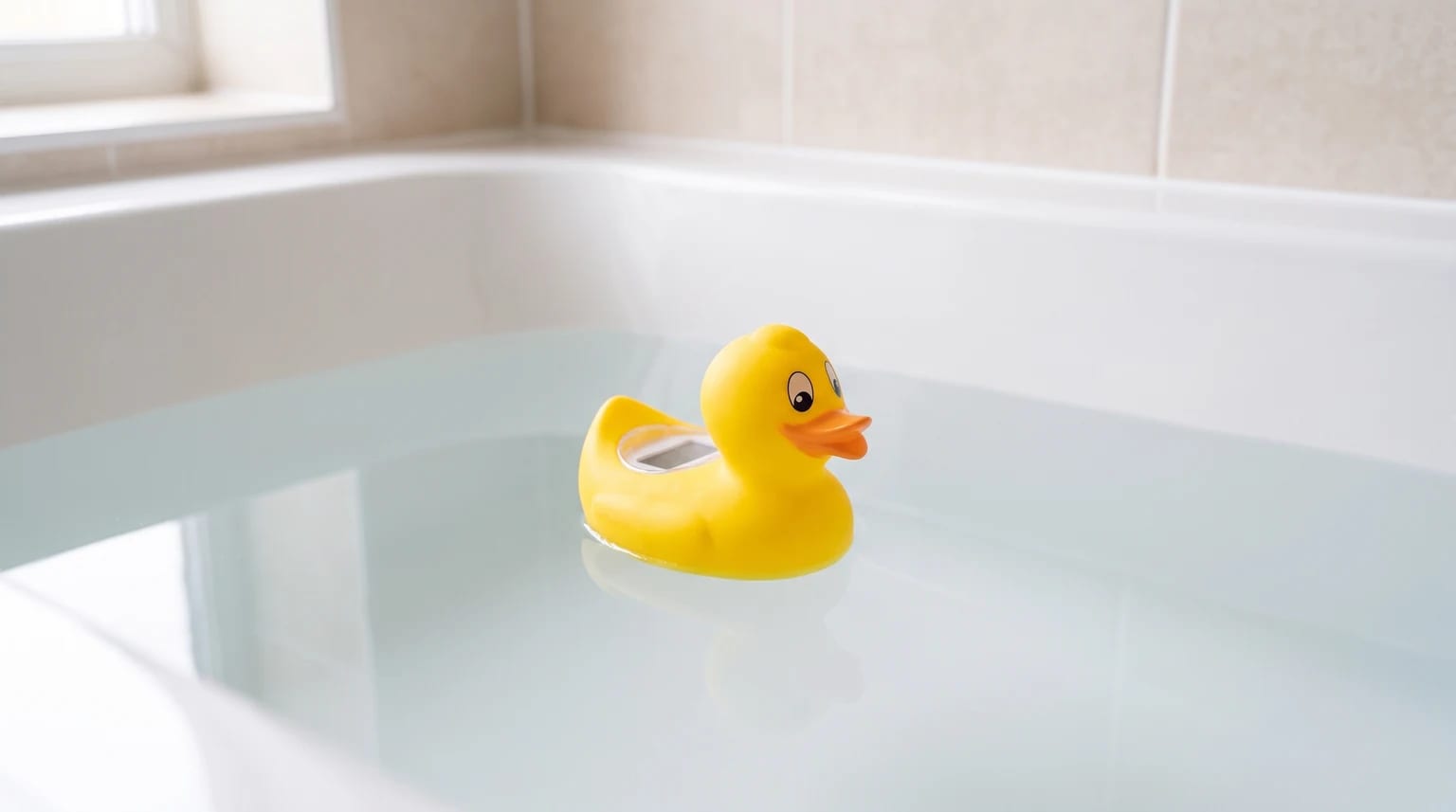 A bright yellow duck-shaped digital bath thermometer floating in the water of a bathtub.