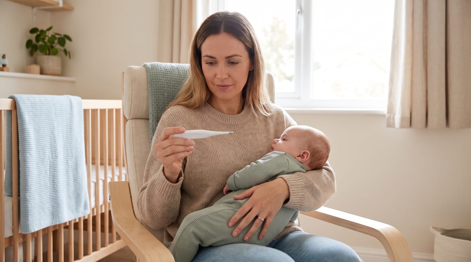 A parent sits in a bright nursery holding a baby and a digital thermometer.
