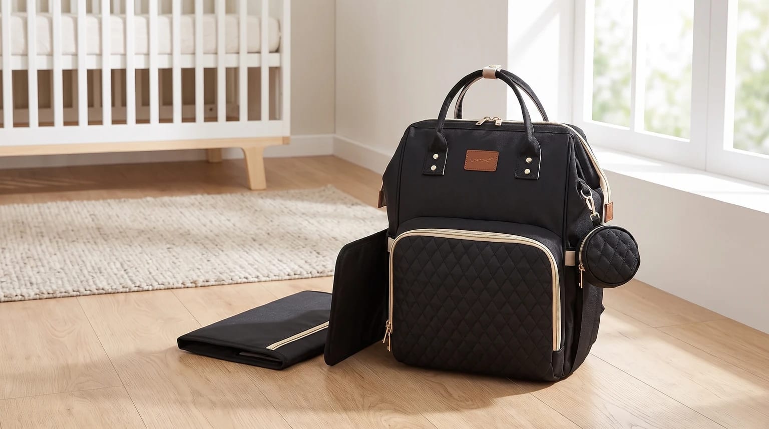 A black nappy changing backpack with gold details sits on a wooden floor in a nursery, with its matching changing mat unfolded beside it.