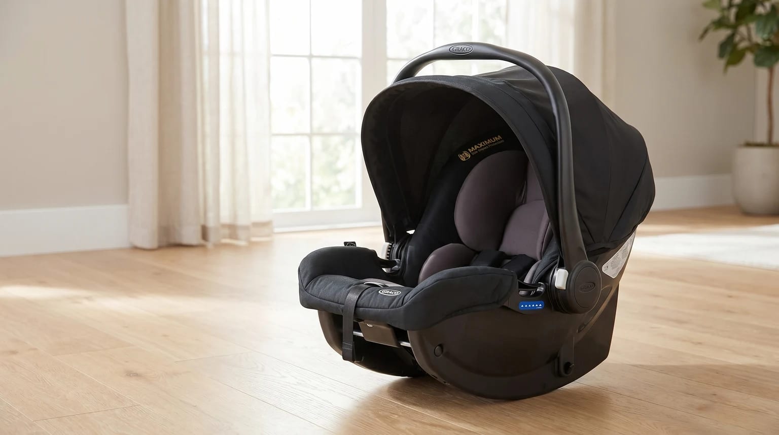 A black Graco infant carrier with its sun canopy extended, placed on a light wooden floor in a sunlit room.