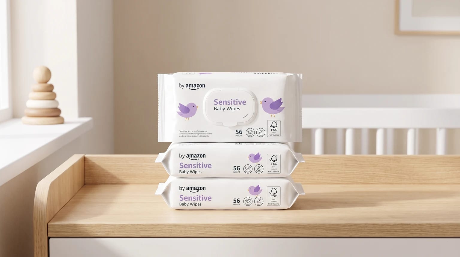 A stack of three packs of sensitive baby wipes resting on a wooden changing table in a softly lit nursery.