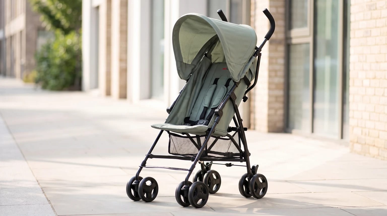 A sage green lightweight pushchair with a black frame and sun hood, standing empty on a sunlit city pavement.