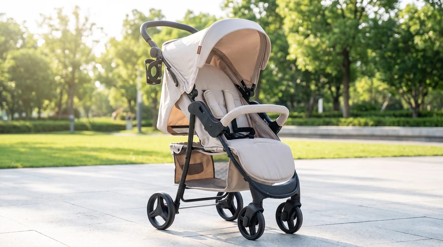 A cream and dark grey pushchair standing empty on a paved path in a sunlit park.