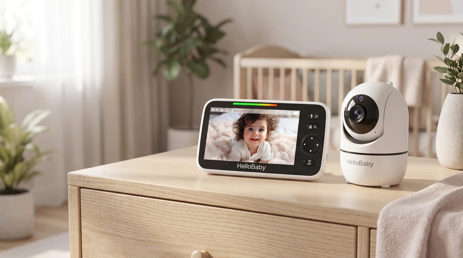 The HelloBaby video baby monitor and camera on a wooden chest of drawers. The parent unit shows a clear, colour image of a smiling baby in their cot.