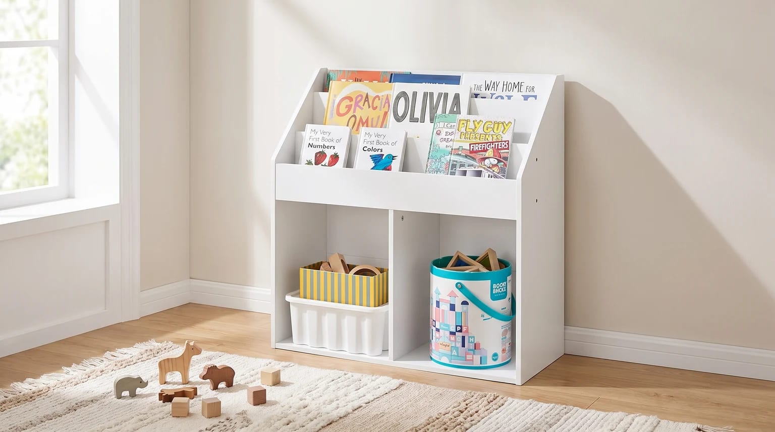 A low white children's bookcase in a corner, with books displayed on top and two cubbies below holding toy boxes and a bucket of blocks.