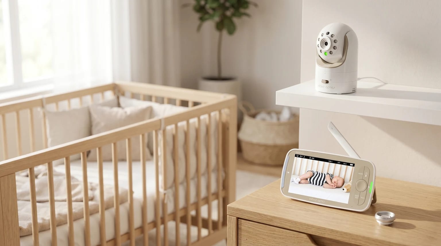 A baby monitor's parent unit on a chest of drawers, showing a clear video of a baby sleeping in a cot. The camera sits on a shelf in the background.