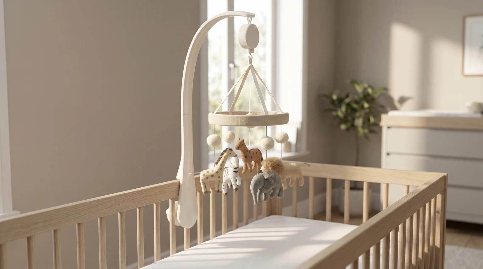 A safari-themed cot mobile with plush toy animals hangs over an empty wooden cot in a neutral-coloured nursery.