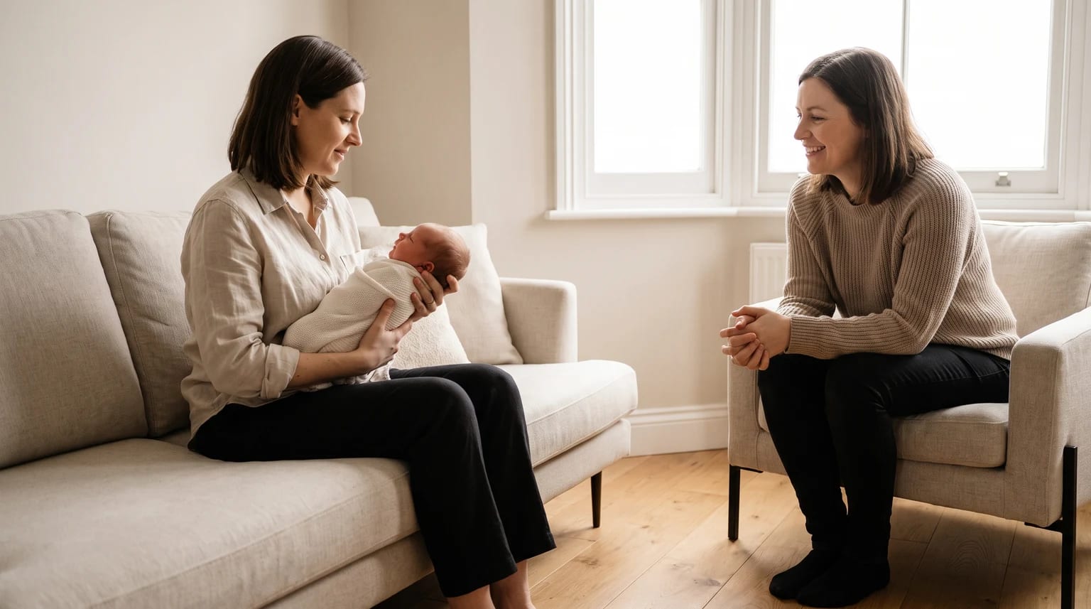 A calm parent-led visit with a newborn at home.