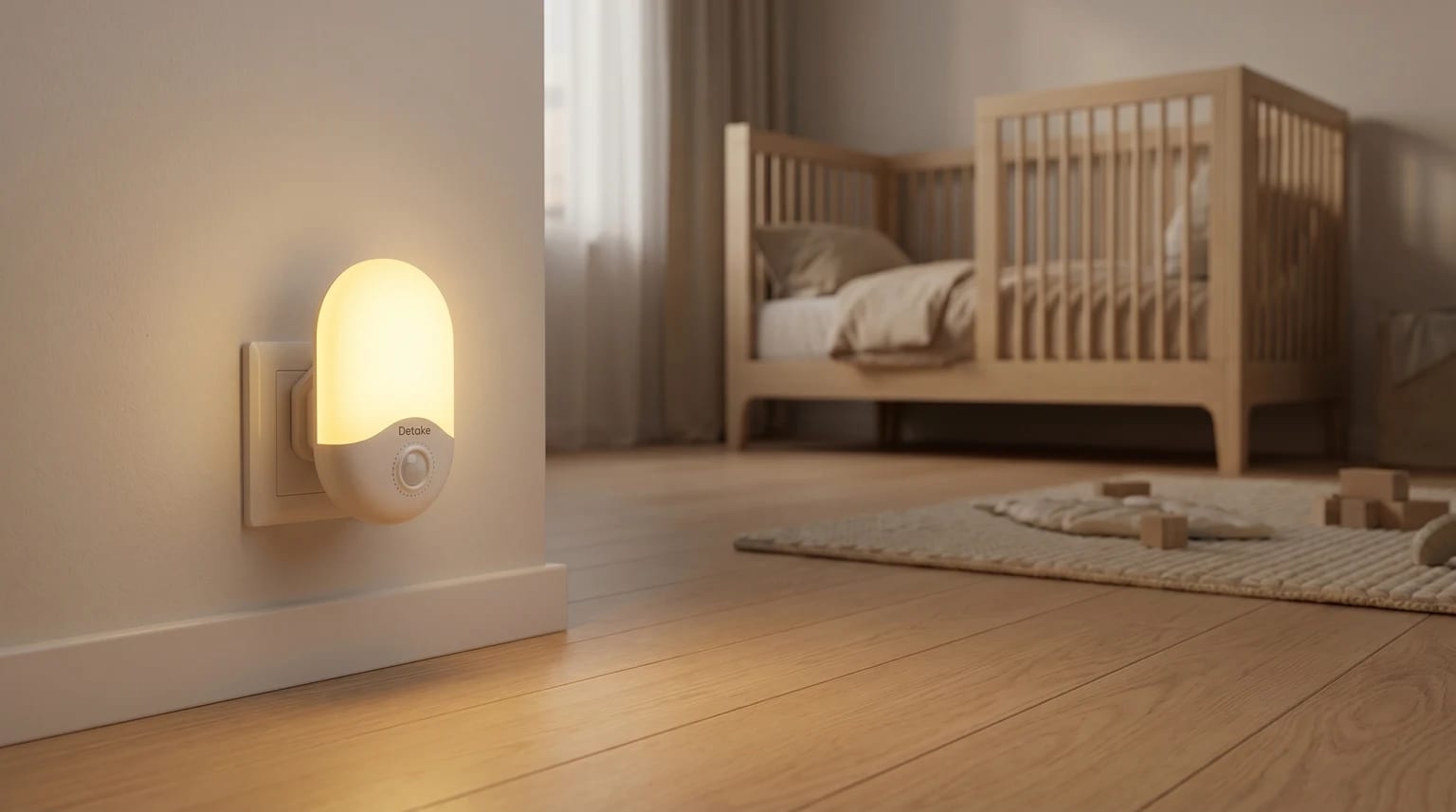 A plug-in night light casting a warm, gentle glow onto the wooden floor of a nursery, with a cot in the background.