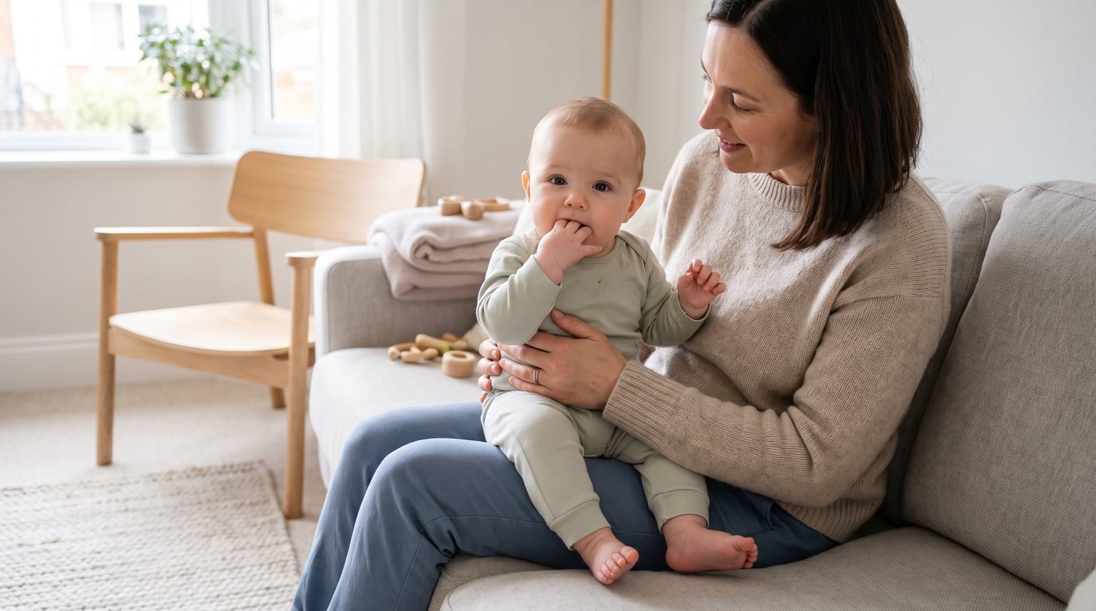 A woman sits on a sofa in a bright living room, looking down at the baby on her lap. The baby looks towards the camera with its fingers in its mouth.